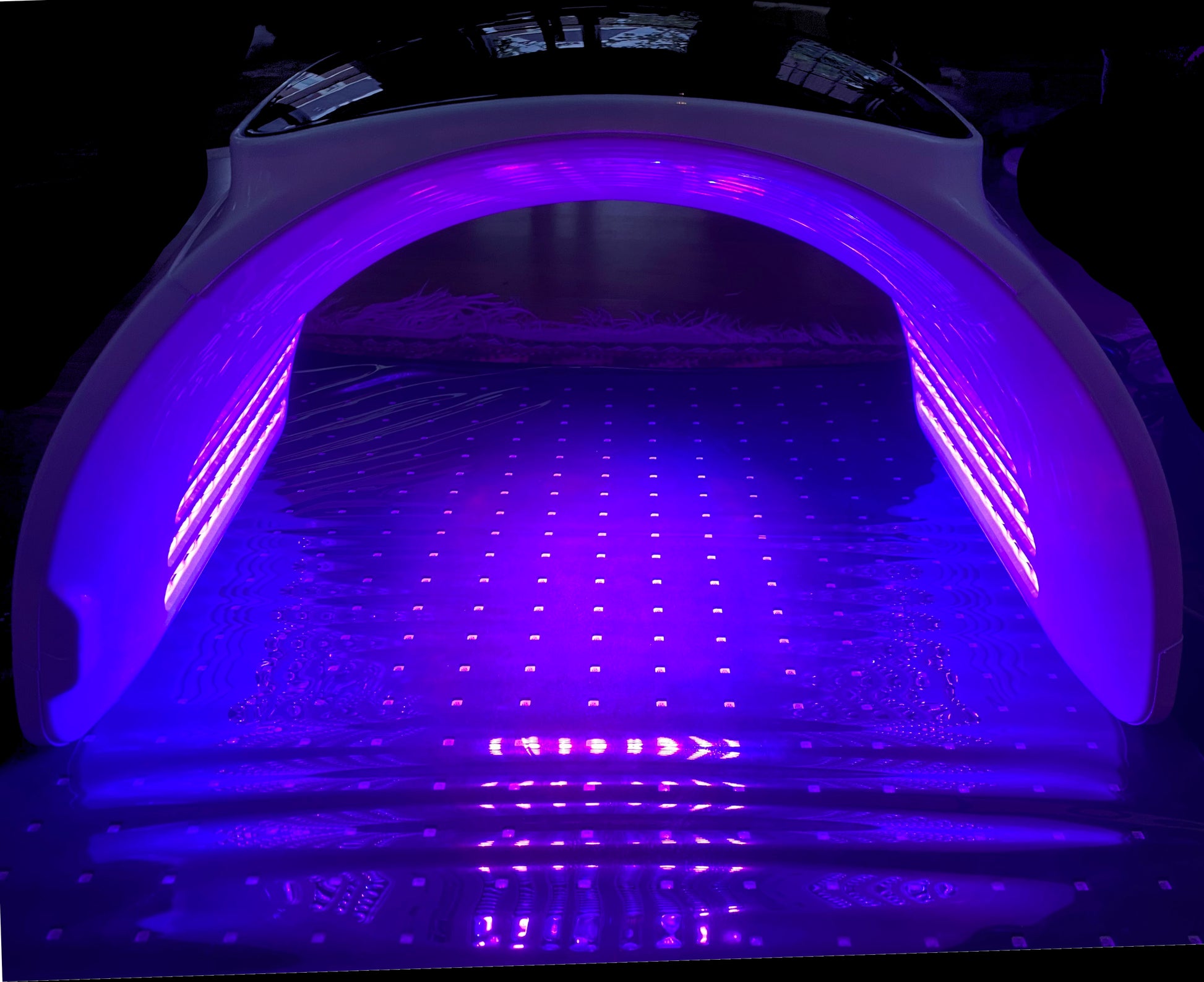 Face and Decolletage Skin Care Canopy - Seven Colour Light Wavelengths, Portable, shown here with violet light, and in combination with our roll up full body mat